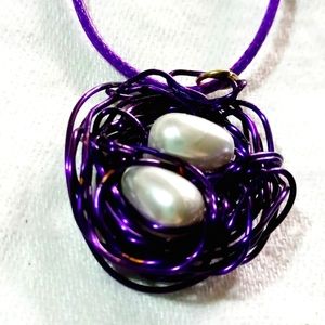 Handmade purple white pearls love nest necklace pendant charm eggs nest dragon